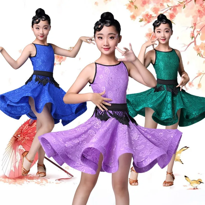 女の子用レースラテンダンスドレス-タッセル付き-キッズノースリーブ社交ダンス衣装-ベスティド・デ・ダンサ・ラティーナ-子供の日