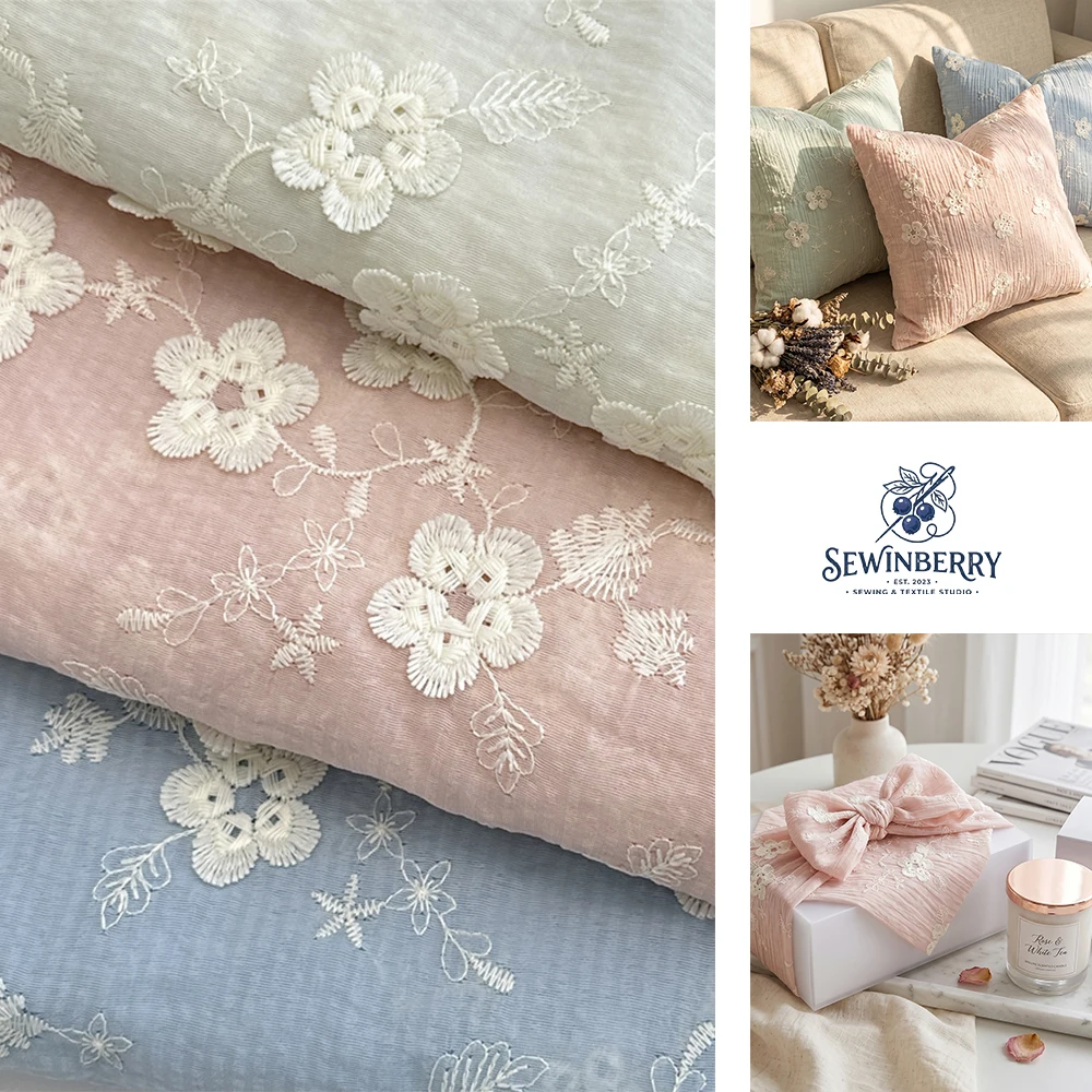 

Pastel Floral 3D Embroidered Crinkled Cotton Fabric, Cottagecore Telas Para Costura DIY Sewing Clothing Supplies 50x140cm
