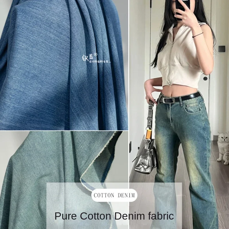 Pure Cotton Washed Denim Fabric Anti Wrinkle Thickened Coat Pants Clothing Designer Diy Sewing Material Wholesale Cloth