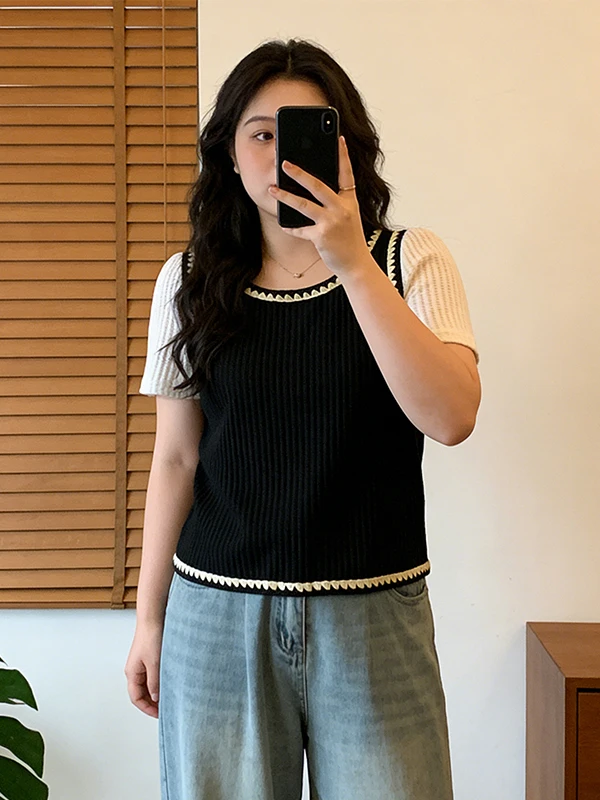 

plus Size Women's Black Knitted Top Summer New Style Big Collar Short Sleeve Fake Two-Piece Slimming Versatile Color