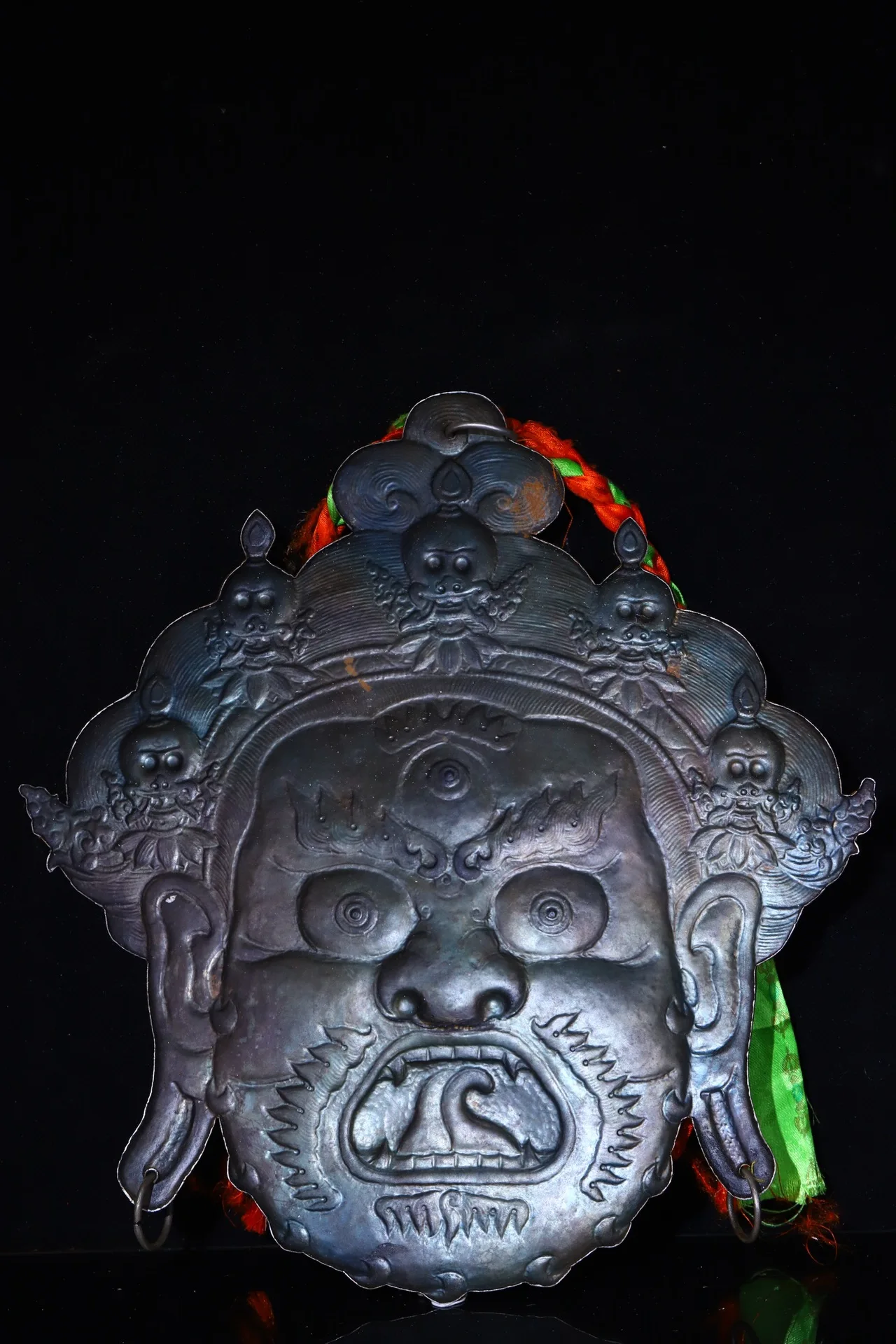 13"Xizang Folk  Tiantie Mosaic Gem Skull Mahakala Buddha Head Mask hanging  screen Town house Exorcism view 3