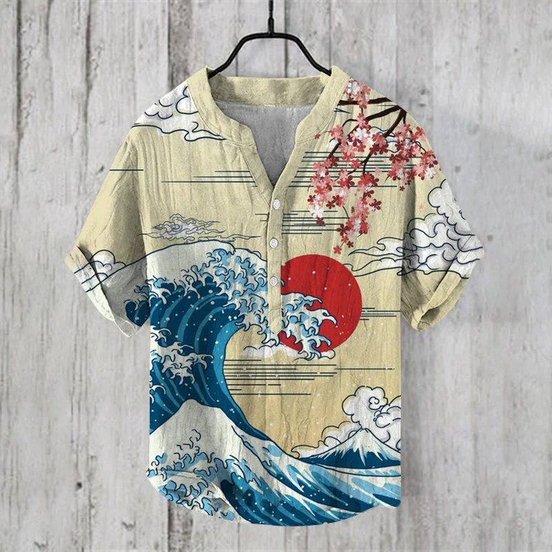 2024 Summer Japanese Art Print Retro Shirt Men\'s Casual Button Short Sleeve V-neck Men\'s T-shirt Top Shirt Clothing