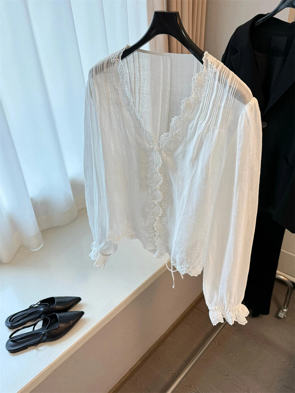 

Ele White V-Ne Long Sve irt ex Летний модный универсальный топ с кружевной отделкой, женский корейский свободный крой