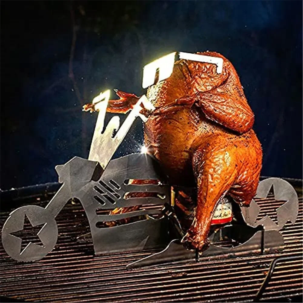 Stainless Steel Roster Chicken Stand with Beer Can Holder Motorcycle Grill BBQ Rack Shape Roaster Rack Stand