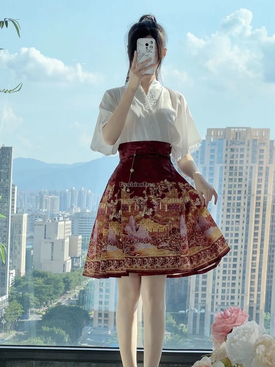 Ropa hanfu jacquard de uso diario, top versátil de cuello cruzado, Falda corta y larga con cara de caballo deslumbrante, estilo ming Chino, 2024