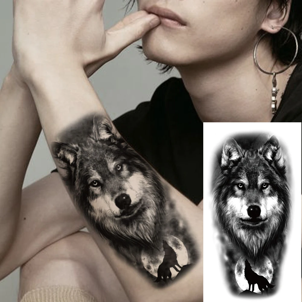 Waterproof Temporary Tattoo Sticker Black Moon Wolf Totem Realistic Animal Body Art Arm Fake Tattoos Sleeve Women Men Leg Waist