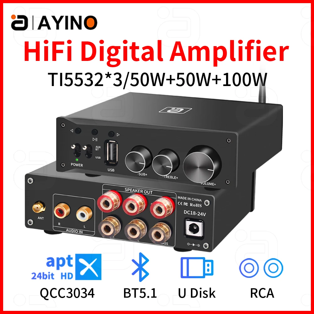 

AYINO aptX HD Bluetooth5.1 AMP With U Disk Playback RCA PCM5102 Decode TPA3116*2 2.1CH Digital Audio Power Amplifiers 50Wx2+100W