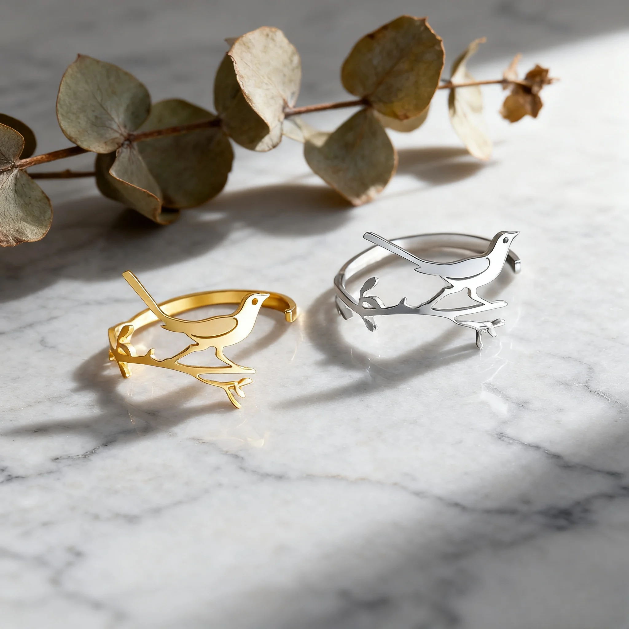 Ästhetischer Vogel- und Ast-Damenring aus Edelstahl, Verstellbarer Ring, Modischer Tier-Vogelring auf Ast, Partygeschenk