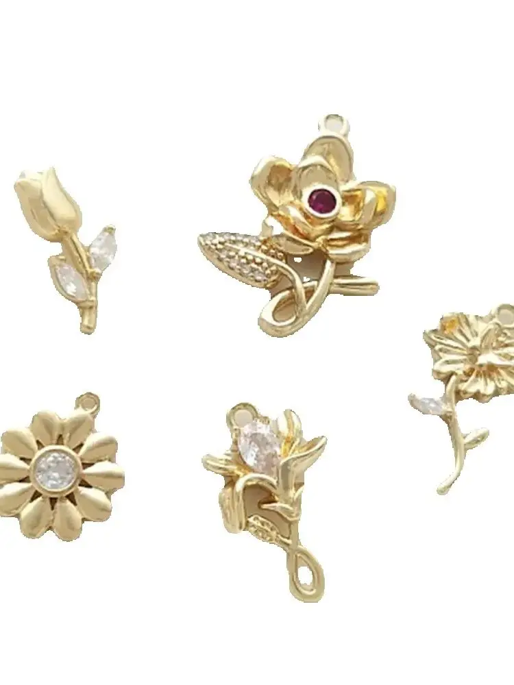 14K Gold Inlaid Zircon Small Daisy Tulip Rose Small Flower Pendant, Handcrafted Earrings Bracelet Charms Pendant K500