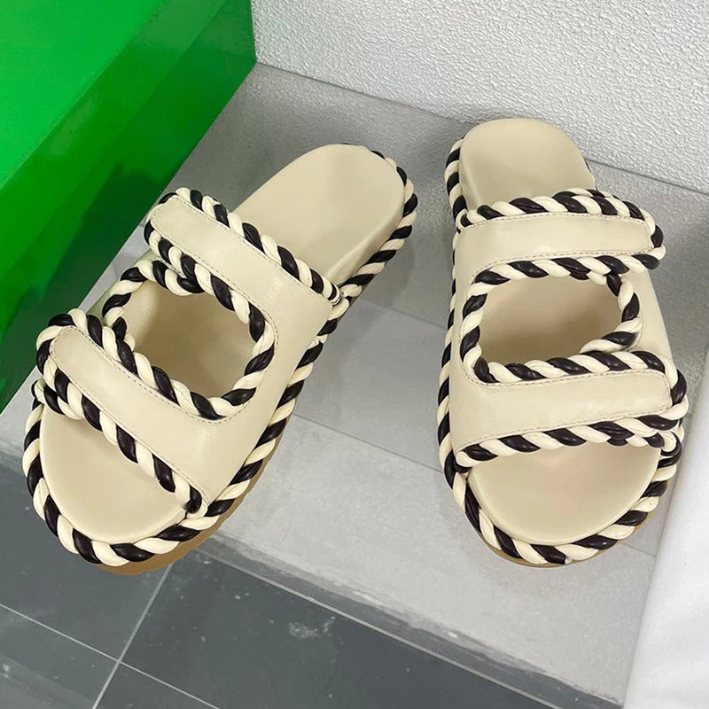 Unique High-end Design Lady Slipper Shoe Summer Green Beige Soft Leather Thick Sole Comfortable Open Toe Cool Beach Sandalias