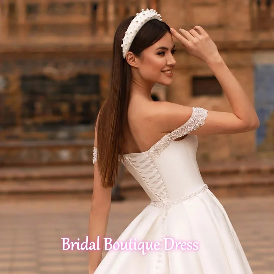 فساتين زفاف رائعة مخصصة على شكل حرف a على شكل قلب قبالة الكتف مثير مطرز بالخرز برباط ذيل شابيل زي العرائس Vestido De #2