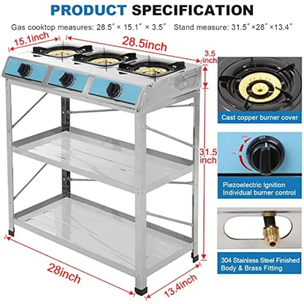 Propane Gas Stove 3 Burner Gas Stove with Removable Leg Stand Portable Gas Stove Auto Ignition Camping three Burner LPG