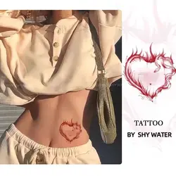 Red Snake Art Fake Tattoo for Woman Sexy Anime Flame Heart Tattoo Waterproof Temporary Tattoo Sticker Lasting Belly Sticker