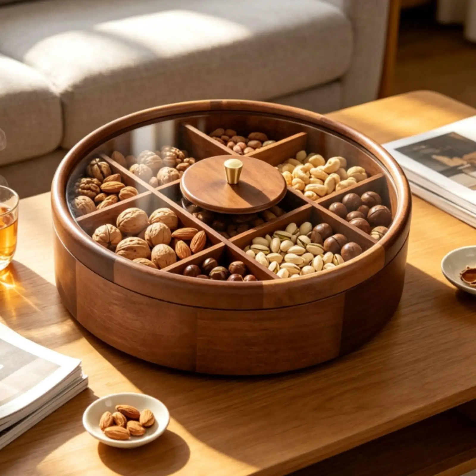 Round Wooden Snack Tray Nine Compartment Candy Box with Clear Cover for Holiday Party Serving