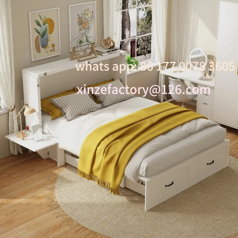 

Customizable Murphy Bed with Storage Drawer, Foldable Bed Cabinet with Built-in Nightstands for Bedroom Guest Room, White