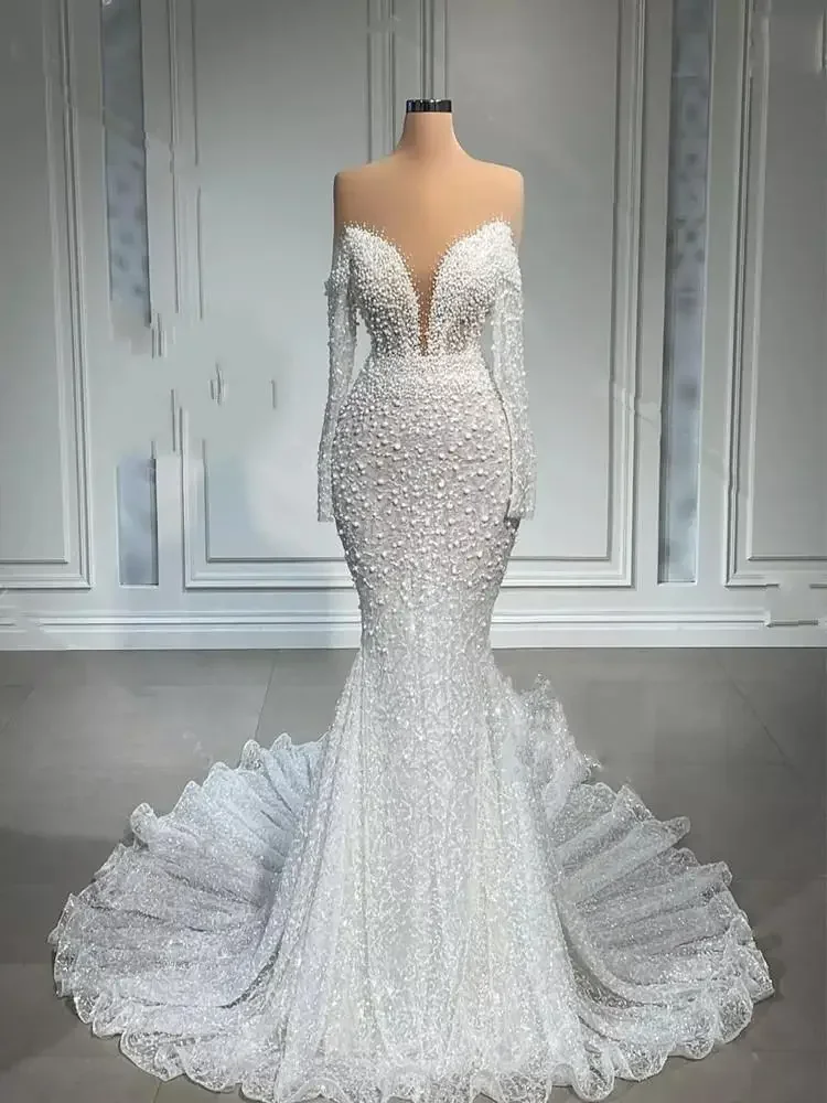 Robe de mariée sirène personnalisée, effet d'illusion de perles lourdes, avec traîne de balayage, Vintage africain, manches longues, robe de mariée de luxe