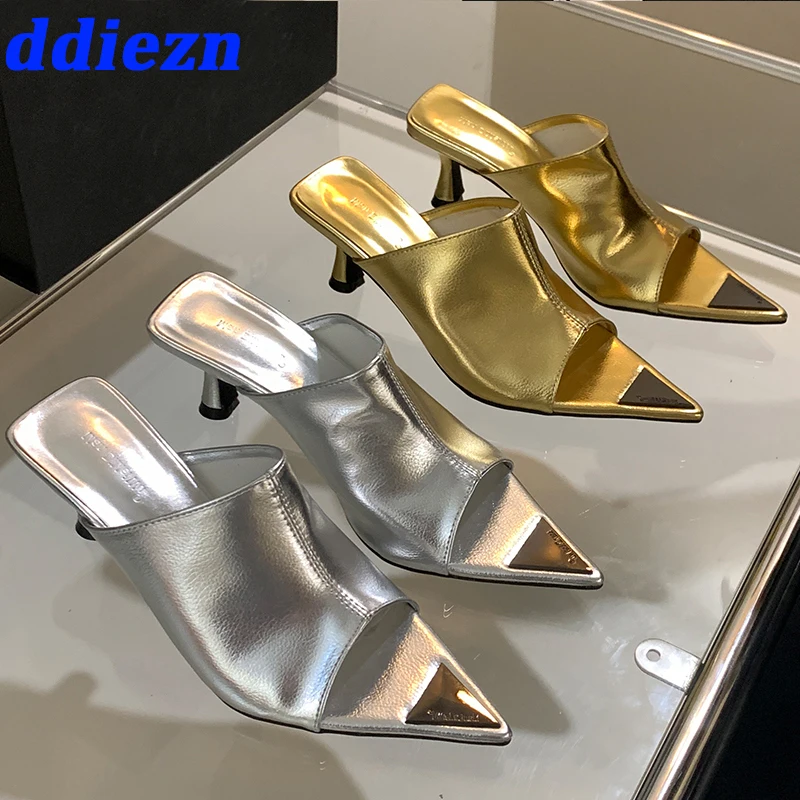 Slides Heels New In Women Pumps Shoes Footwear Shallow Female 2023 Fashion Pointed Toe Metal Ladies High Heels Sandals Shoes