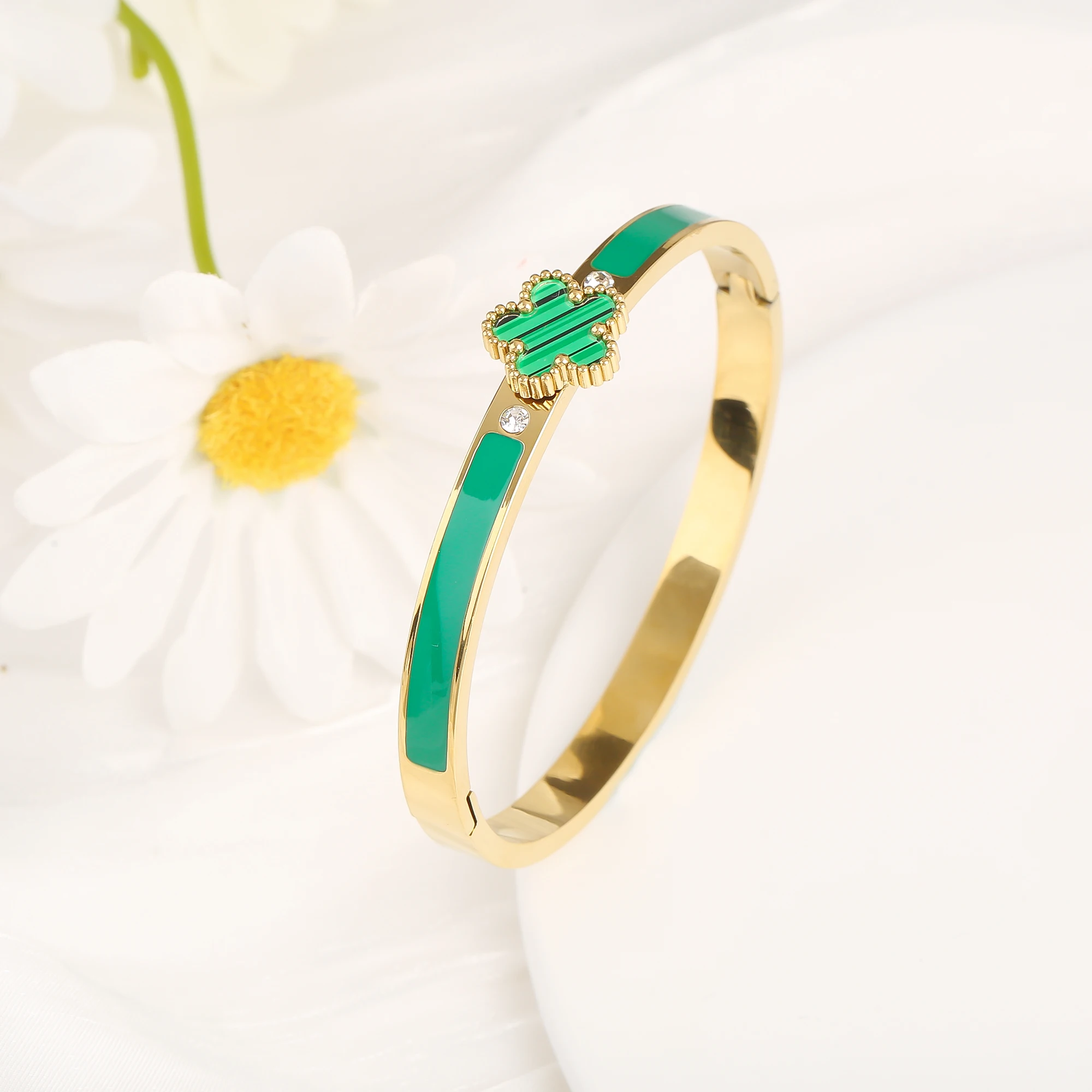 Luxury Five Leaf Flower Open Bangle, Classic Enamel Design