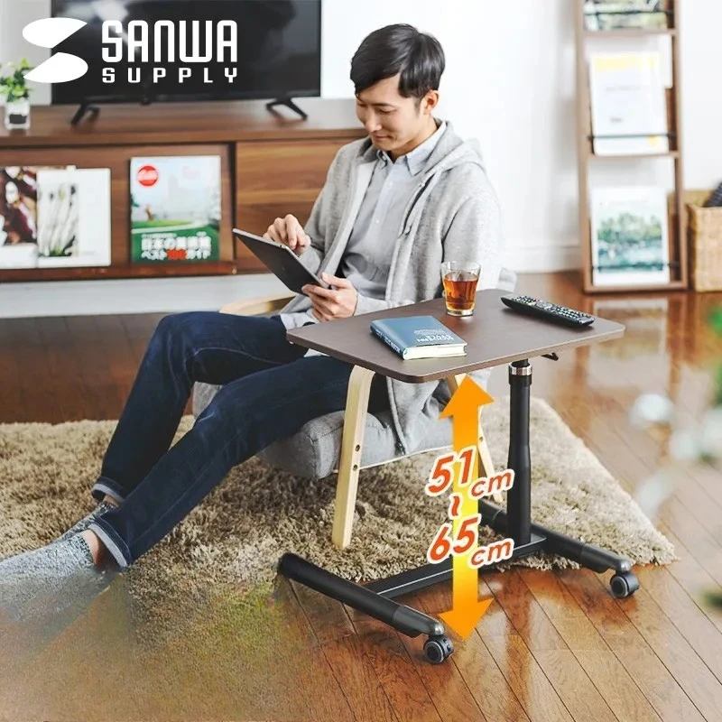 Japanese Style Computer Desk with Brake Wheels, Adjustable Bedside Table, Keyboard and Mouse Holder