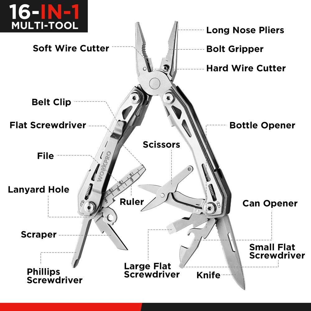 WORKPRO 16 IN 1 Multifunctional Folding Pliers Cutting Wire Screwing Sawing Wood Outdoor Home Portable Folding Pliers Home Tool