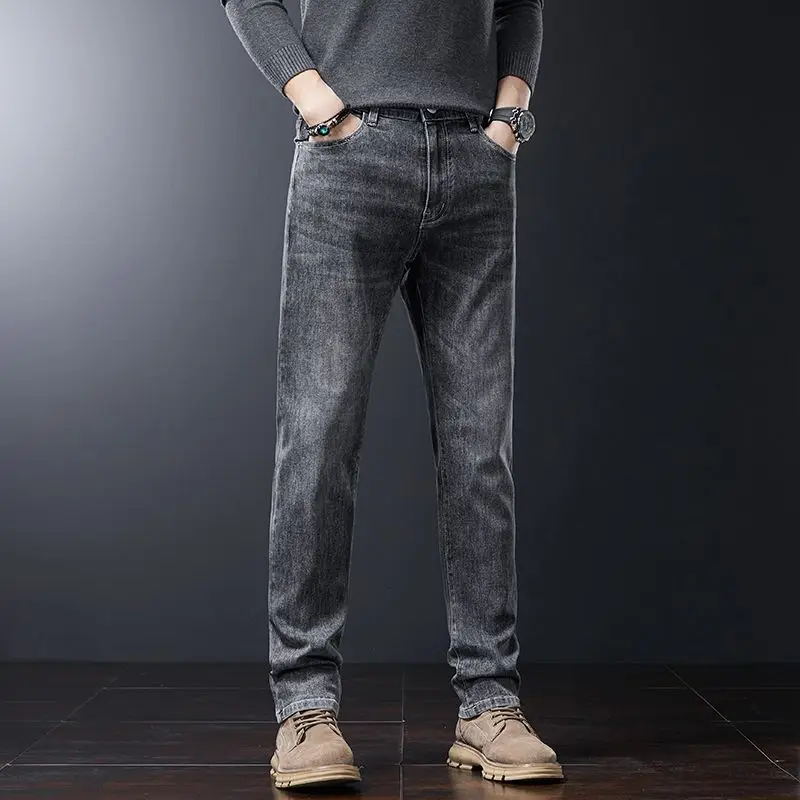 الفاخرة الخريف الشتاء سميكة لينة الجينز الرجال مرونة الخصر فضفاض مستقيم التنفس سراويل جينز الذكور موضة تنوعا بنطلون