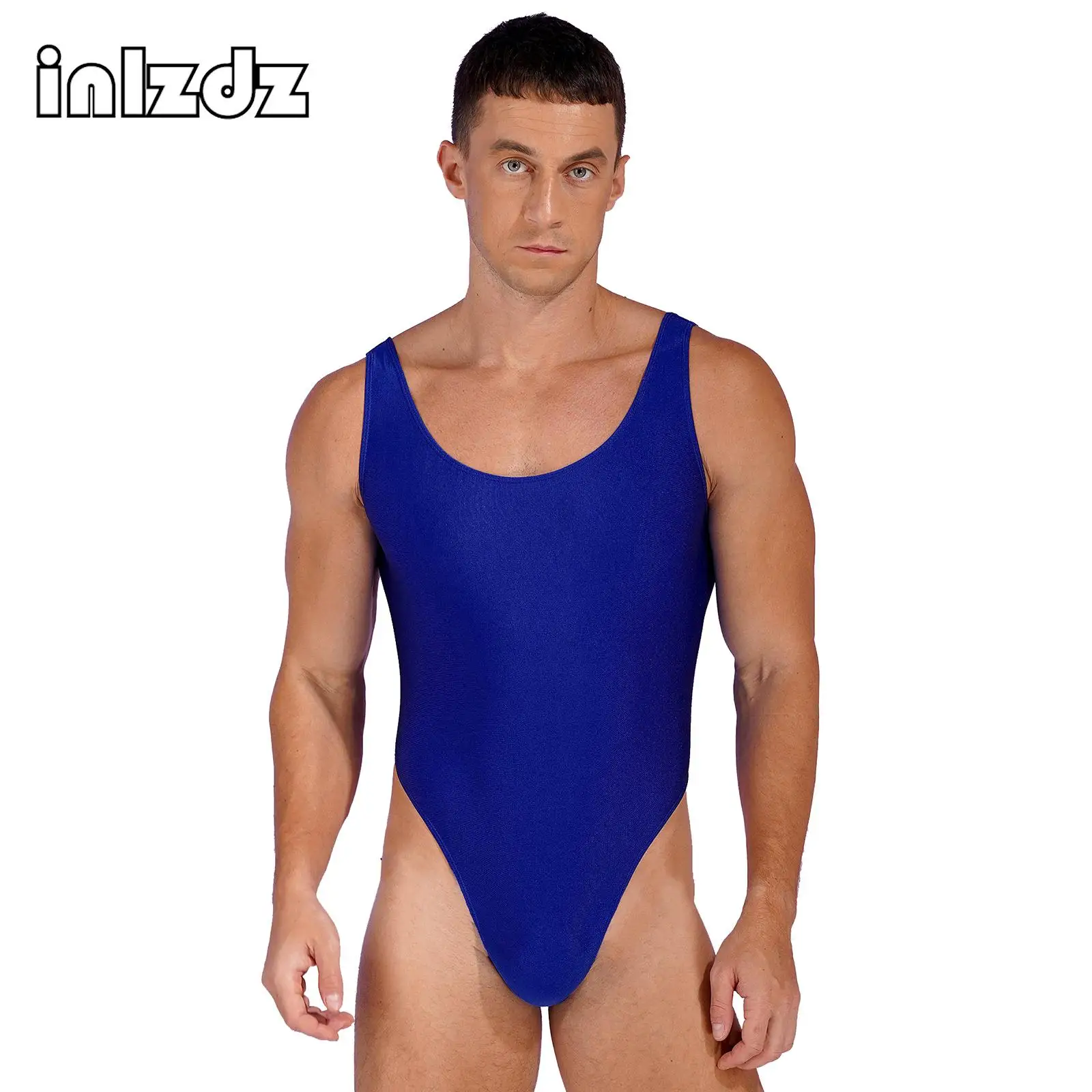 

Mens Sleeveless High Cut Leotard Swimsuits Fashion High Cut Bodysuit Low Back Stretch Solid Sexy One-piece Bathing Suits