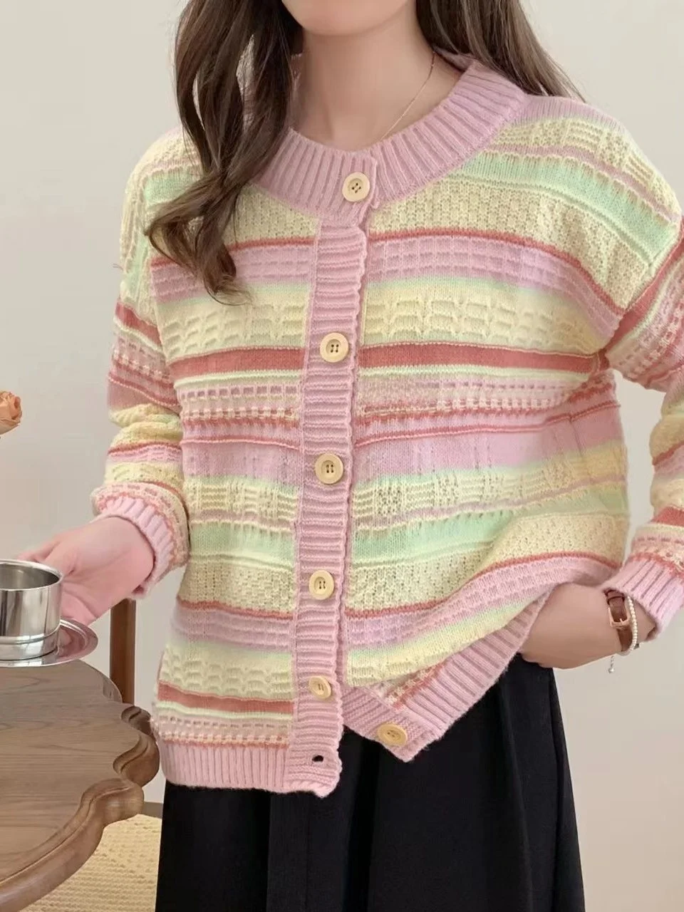 

Dopne розовый полосатый трикотаж Jaet женский весенне-осенний мягкий ленивый открытый кардиган топ высокого качества маленький размер для поездок на работу