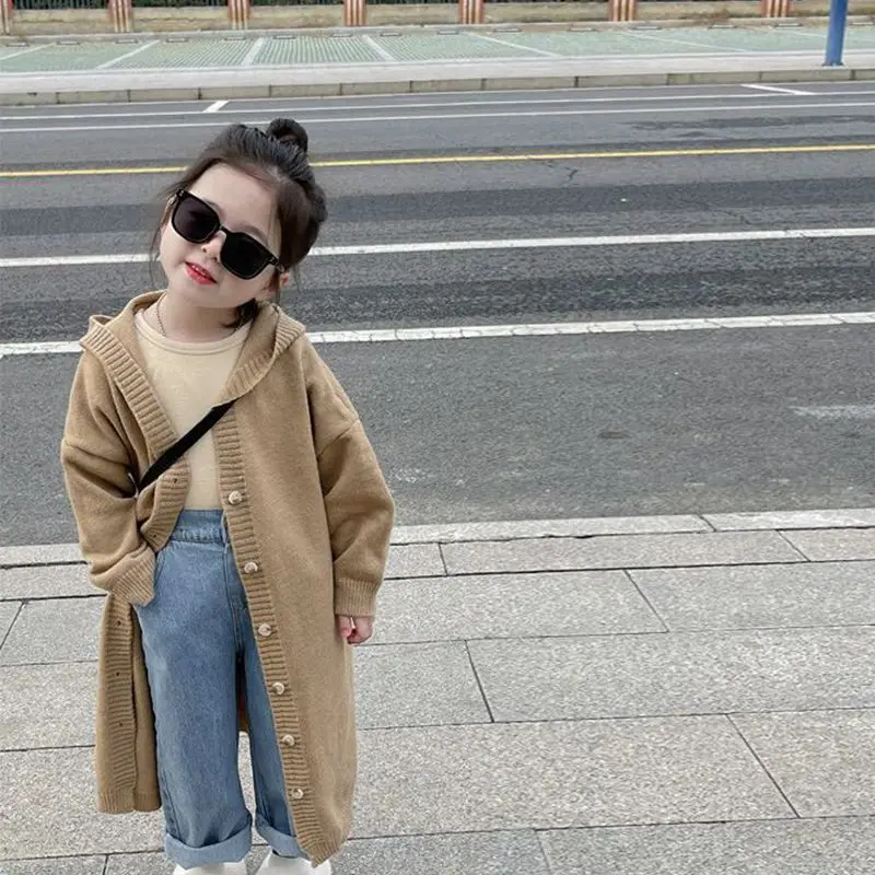 

2025 Spring Autumn Korean Style Cardigan for Girls, Long Sleeve Hooded Knit Sweater, Trendy Loungewear Children's Sweater Coat