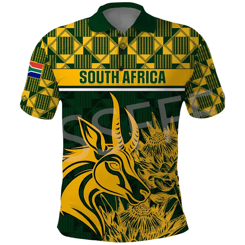 Custom Name Africa Country South Africa Flowers Flag Retro Tattoo 3DPrint Summer Casual Polo Shirts Short Sleeves Streetwear X3