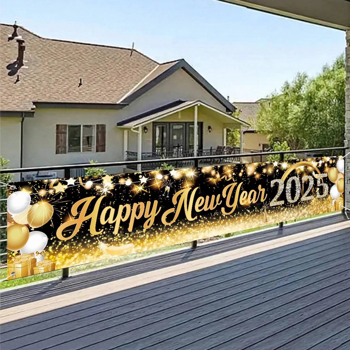 2025 Happy New Year Outdoor Banner Black Gold Flags New Year Party Decors Black Gold Balloon Clock Photography Background