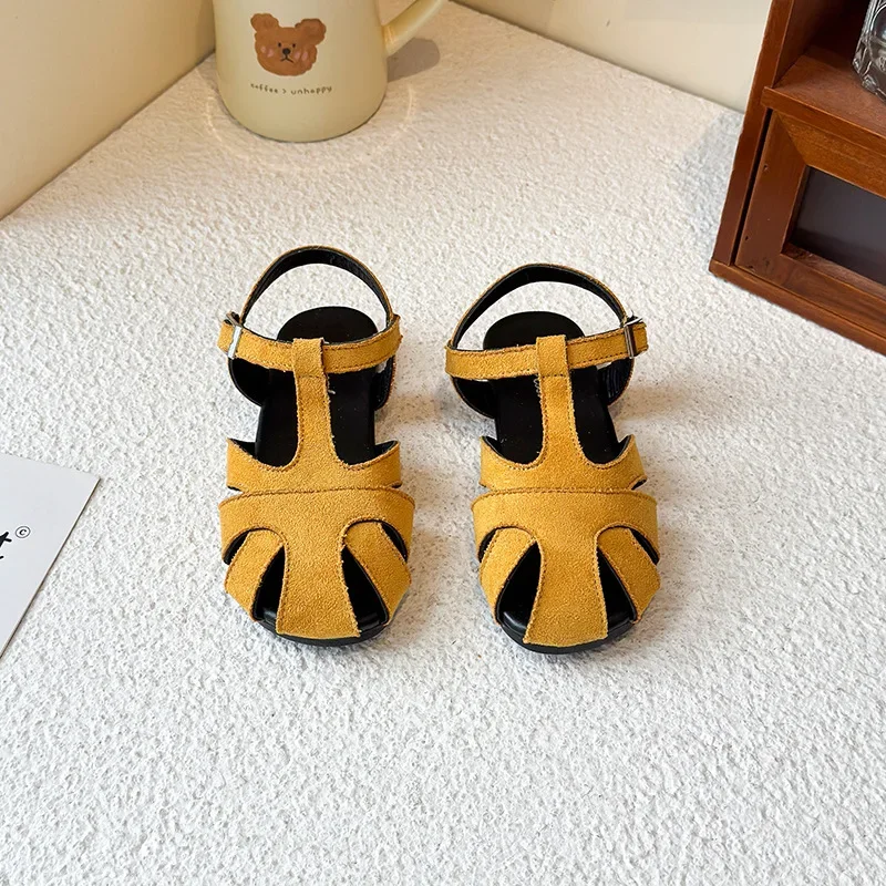 Summer Soft-Soled Roman-Style Buckle Shoes Kids Woven Princess Sandals Girls Hollow Breathable Beach Shoes Outdoor Casual Shoes