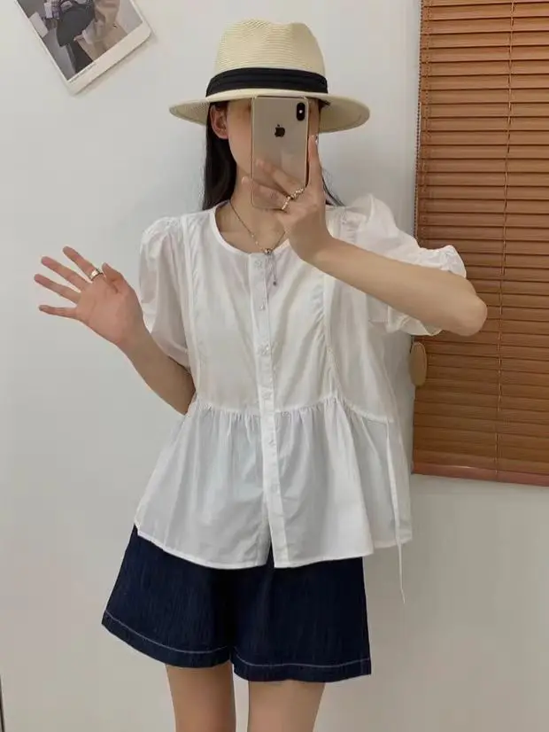 

Sweet Faionable White ort Sve Dstring round Ne Women's irt A863 Agel Design Summer Top Commute Sle