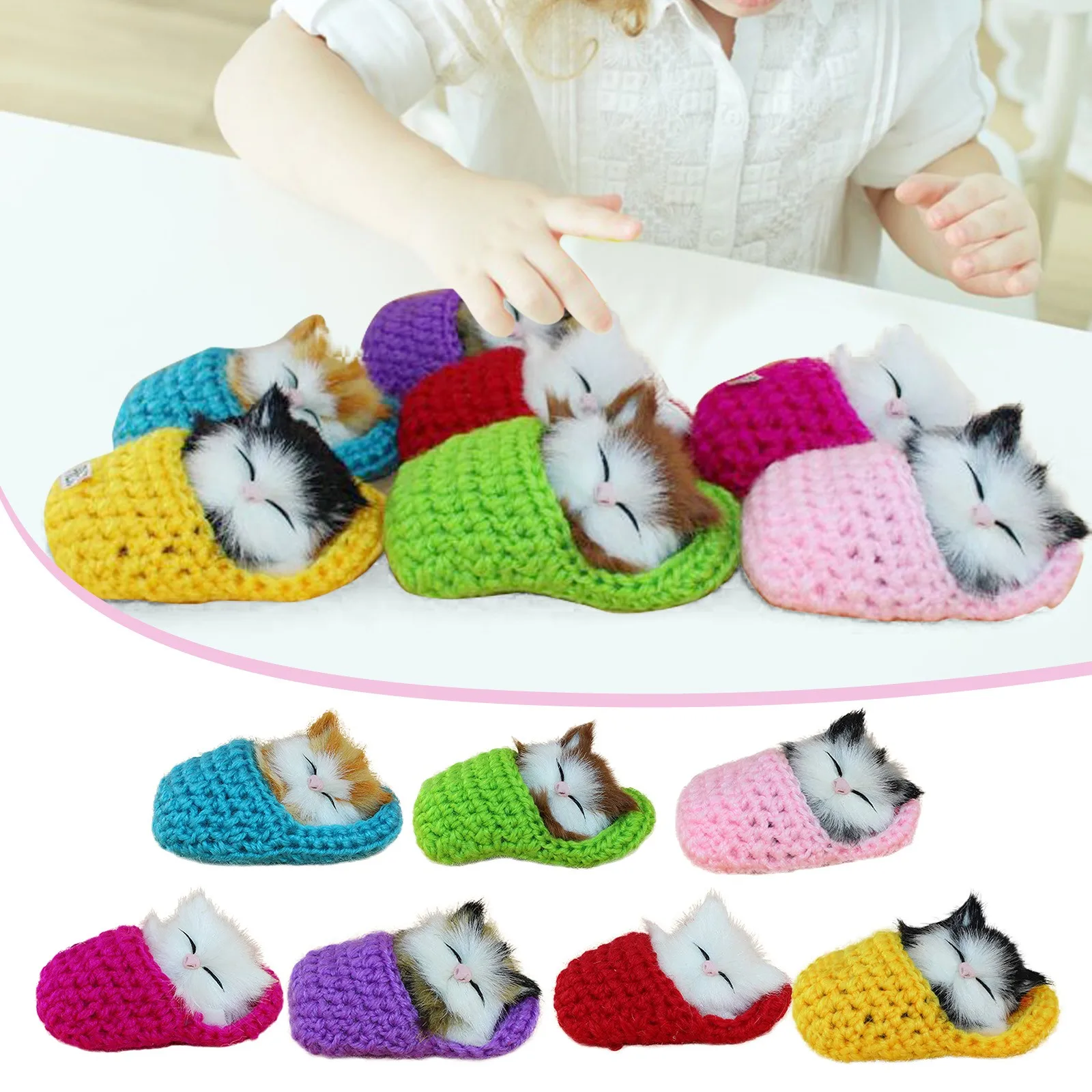 Cute Cat Sleeping In Wool Slipper Ornament Vocable Lifelike Kitty Miniature Pets Plush Doll Kids Toys Car Home Decor Gifts