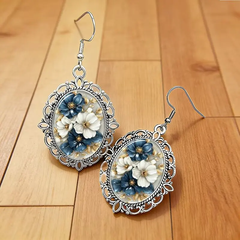 Vintage ovale Blumen-Glas-Cabochon-Ohrringe für Frauen, blau-weiße florale Tropfenohrringe, Schmuckgeschenke – Detail 4