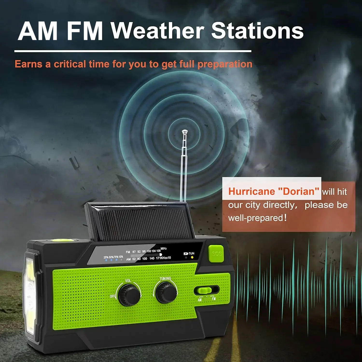 4000mAhEmergency Crank Weather Radio Solar Hand Crank Portable AM/FM/NOAA with 1W3 Mode Flashlight & Motion Sensor Reading Lamp