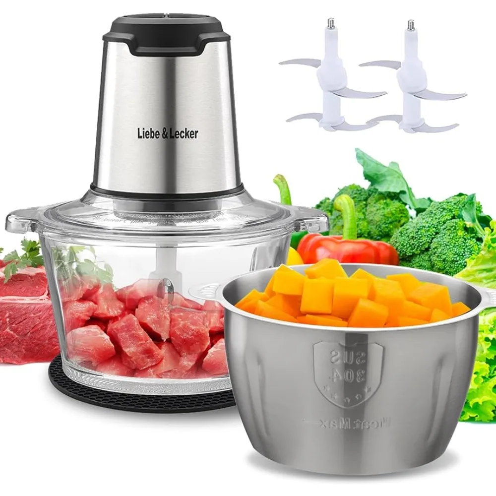 

Liebe&Lecker Food Processor, Electric Food Chopper 2 Bowls 8 Cup, Meat Grinder 4 Large Sharp Blades Fruits, Meat, Vegetables