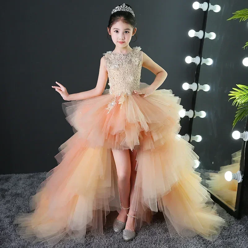 Girls Luxury layered Princess Graduation Dresses Celebration Events kids  Birthday Dress Chapel Long Train Evening Party Dress