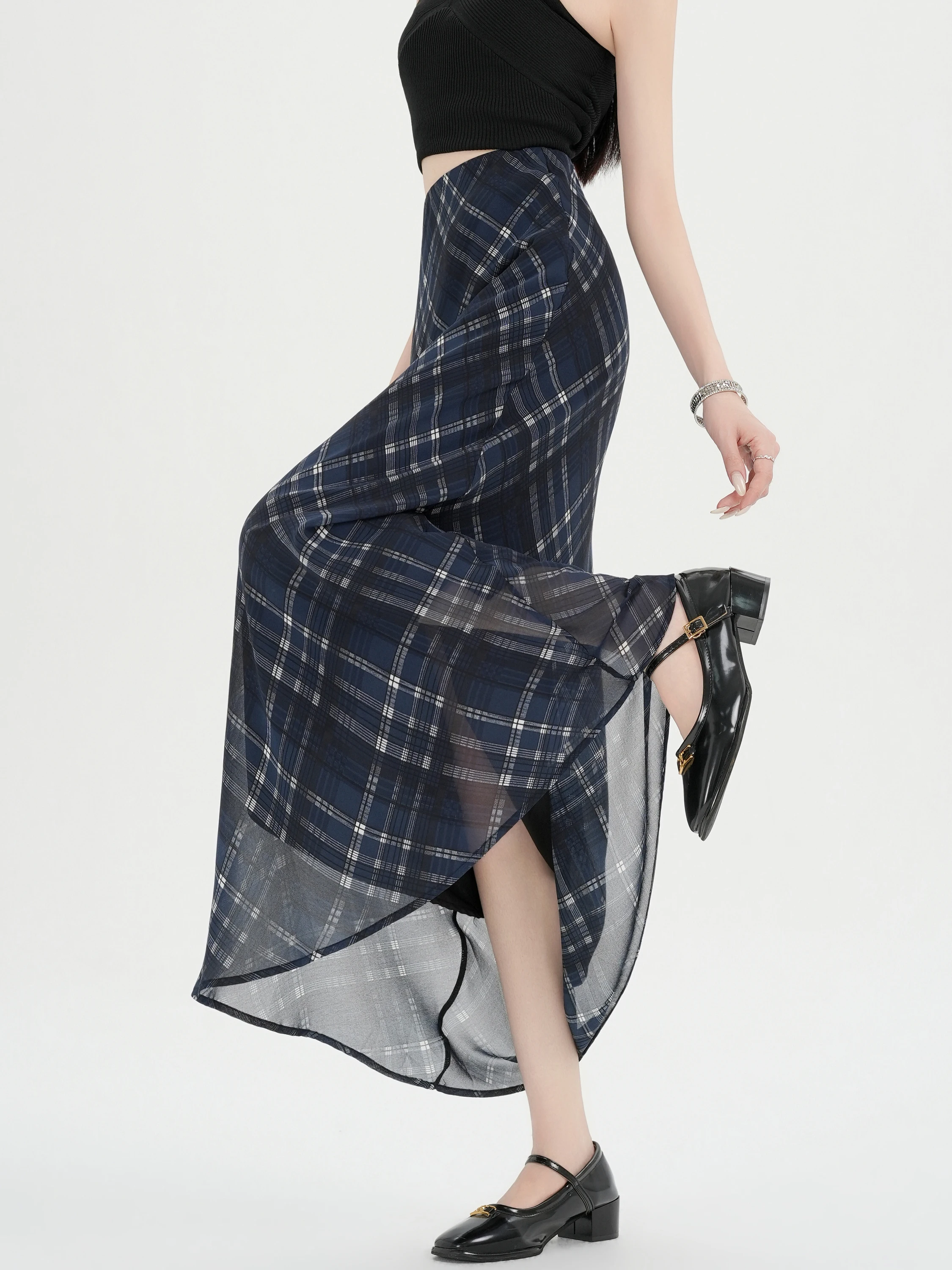 

Retro Plaid Chiffon Skirt Women's Summer 2026 New High Waist Slimming Drapey Casual A-Line Long Skirt Korean Style