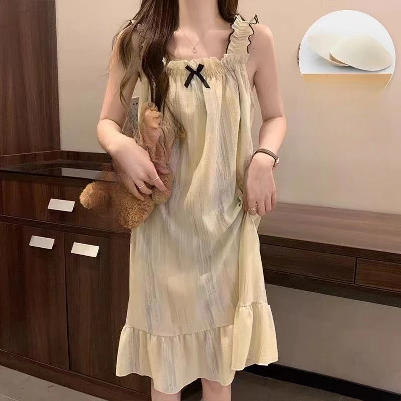 Summer Women Pastoral Style Camisole Nightgown Girls Cute Floral Chest Pad Sleepshirts Lady Casual Sleeveless Sling Pajamas