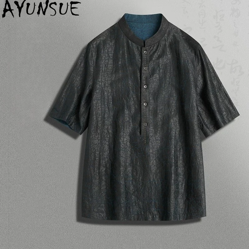 AYUNSUE Luxury Watered Gauze Shirts Man Summer Top 100% Real Mulberry Silk Shirt for Men Reversible Shirt High-end Casual Shirt