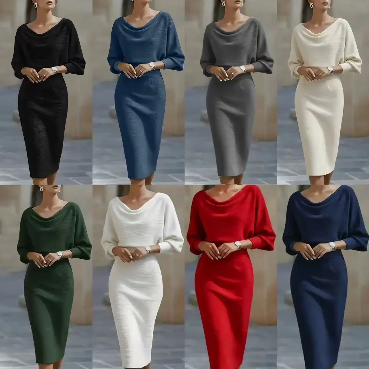 Damenkleid mit Wasserfallausschnitt und Fledermausärmeln, gestricktes Midikleid, hohe Taille, figurbetont, elegant, für den Alltag, Büro und Party. – Detail 2