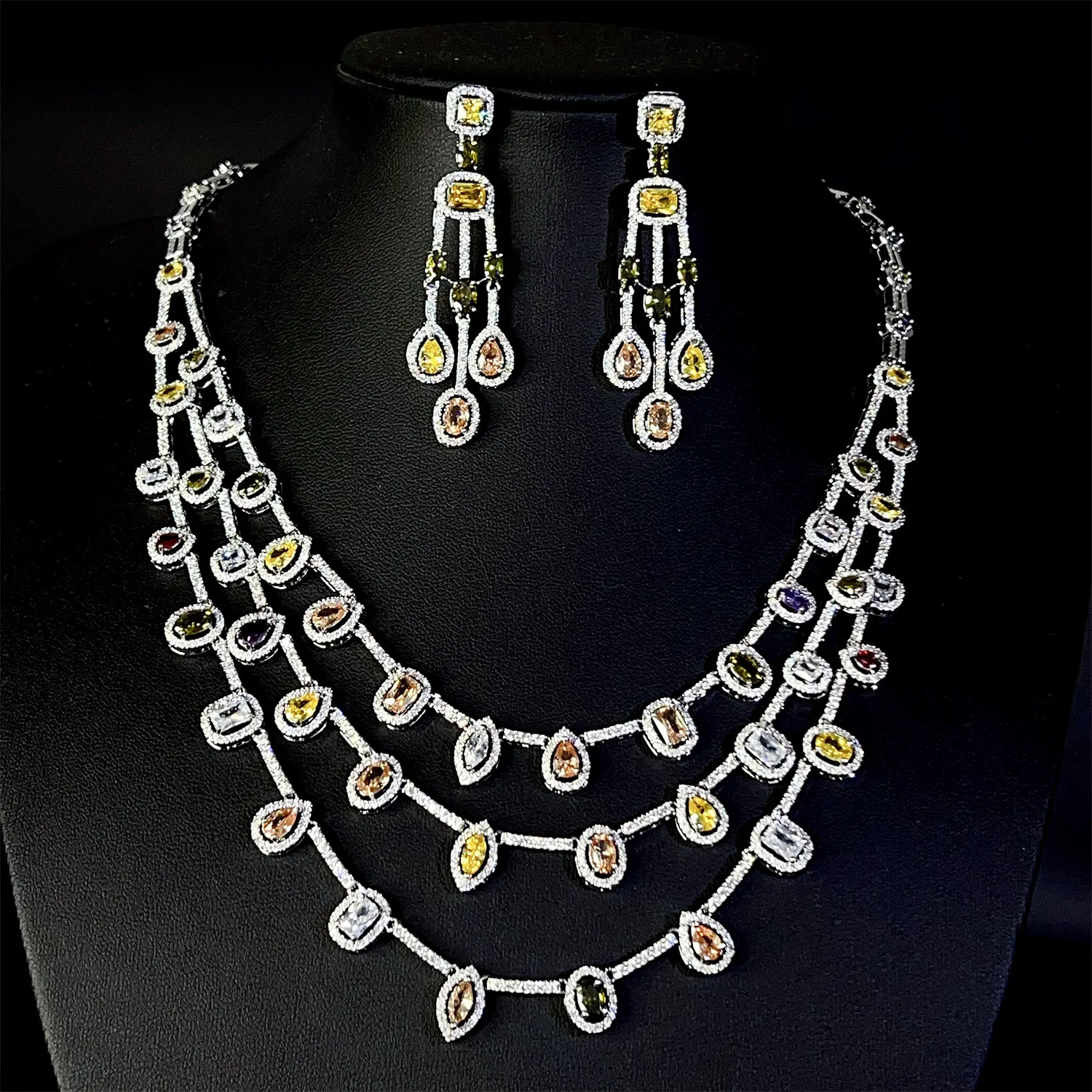 HIBRIDE New Fine Glitter Jewelry Set of 2 White Triple Necklace Earrings Apparel for Nigeria Wedding Travel Bridal Gift S-901