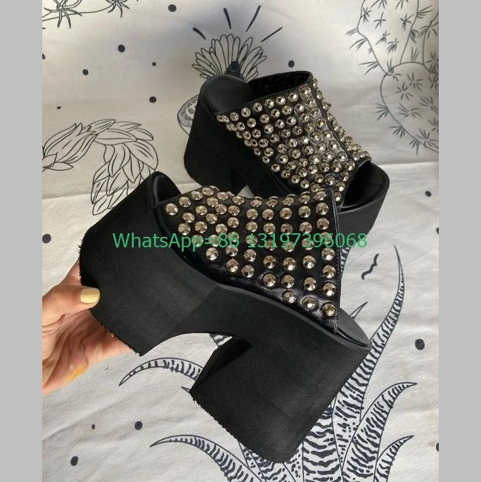 

Lady gothic style spike chunky heel slingback pumps metal open toe rockrievt spike sandals metal running footwear size 34-46