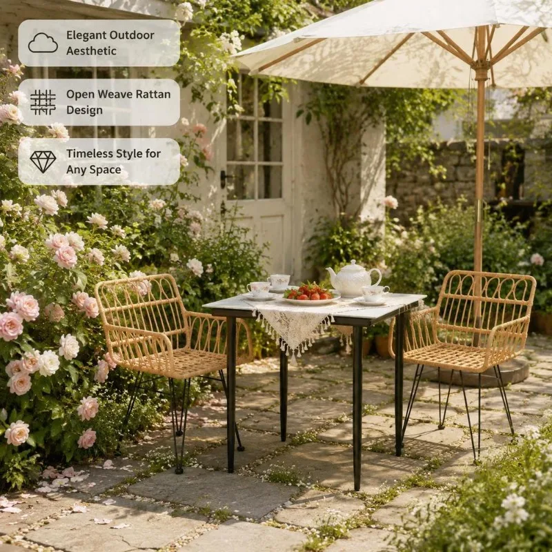 Ensemble repas de jardin 85 x 85 x 75 cm, mobilier d'extérieur en résine tressée poly rotin avec structure en acier robuste, plateau en verre trempé, sièges confortables avec accoudoirs, idéal pour terrasse NONE Camp Chair