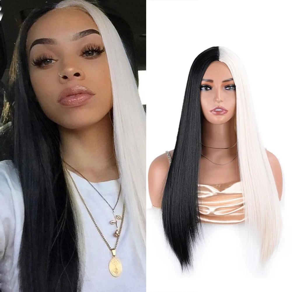 Synthetic Long Straight Wigs Half Black Half White Cosplay Wig 24 Inch Party Wigs Heat Resistant Natural Hair For Women