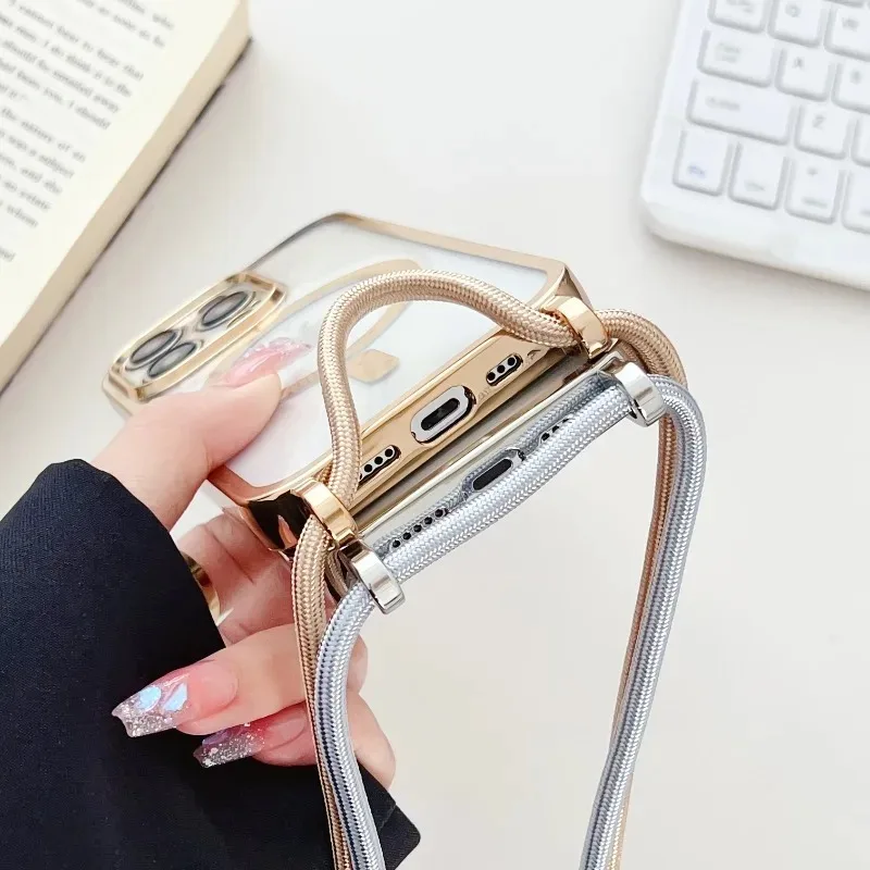 Funda con cordón colgante y marco metálico para iPhone Air 17 16E 16 15 14 13 12 11 Pro Max, magnética para Magsafe 6