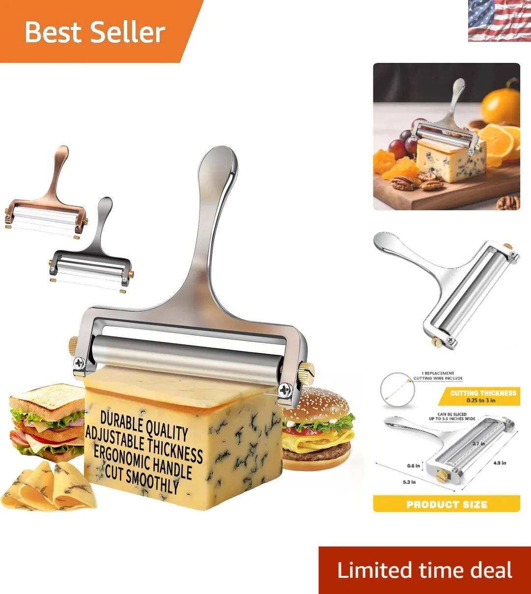 

Elegant Stainless Steel Wire Cheese Slicer - Adjustable Thickness & Extra Wire