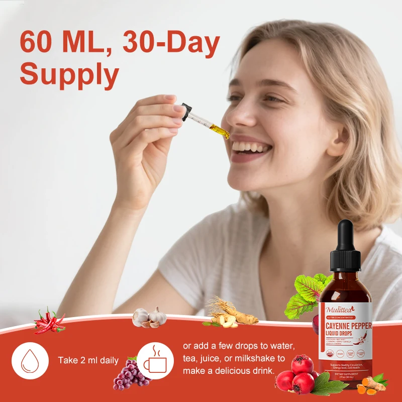 Mulittea Cayenne Pepper Liquid Drops 500mg Organic Cayennee Pepper Supplement- Supports Cardiovascular Health, Improve Digestion