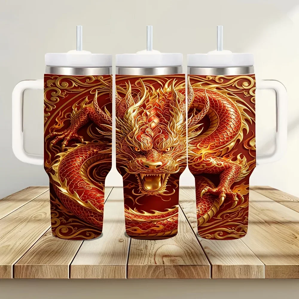40oz Tumbler with Handle, Cool Golden Dragon Print, Keeps Drinks Hot Or Cold, Suitable for All Adults, Ideal for Daily Use, Outdoor Travel, Work And Festive Occasions