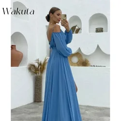 Wakuta Elegant Off Shoulder Long Sleeved Camisole Bridesmaid Dress Fashion Spaghetti Slit Pleated Wedding Birthday Vestidos 2024